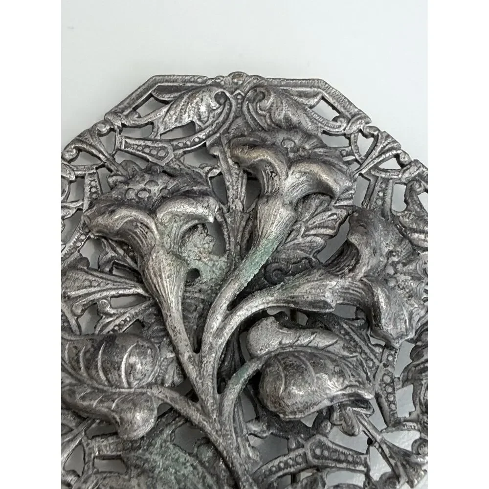Vintage Art Nouveau Floral Octagon Silver Pewter Tone Brooch